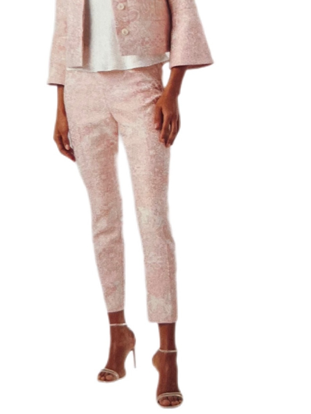 Carlisle Pink and Ivory Ankle Pants in a French Metallic Floral Jacquard - NWT